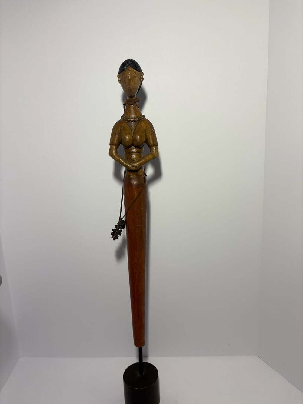 Vintage Hand Carved Wooden Female Sculpture Statue With Acorn And Leaf Pendant
